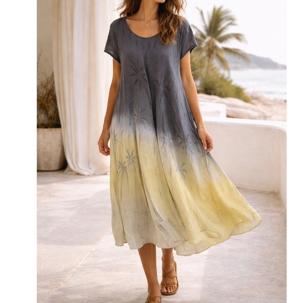 Exist Womens One Size Gray Yellow Ombre Palm Tree Sharkbite Hem Boho Dress